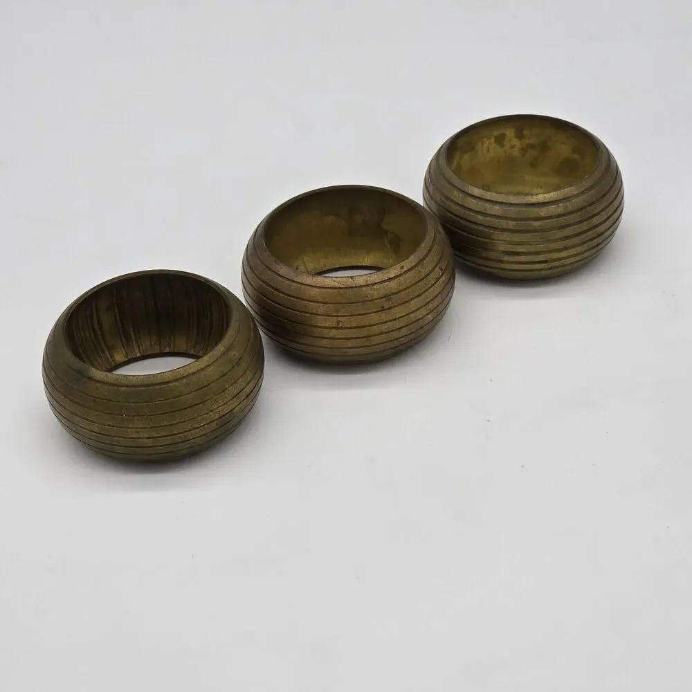 Vintage Solid Brass Napkin Rings Ribbed Barrel Design Set of 3